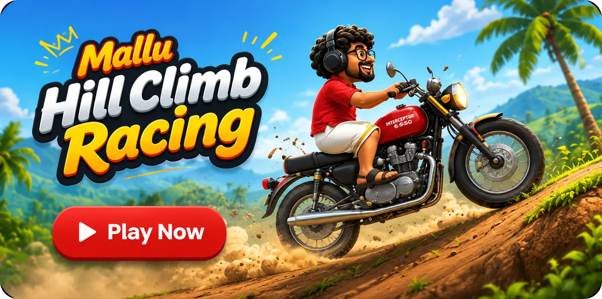 Mallu Hill Climb Racing: Mallu riding a red Royal Enfield up a jungle hill. Play now.